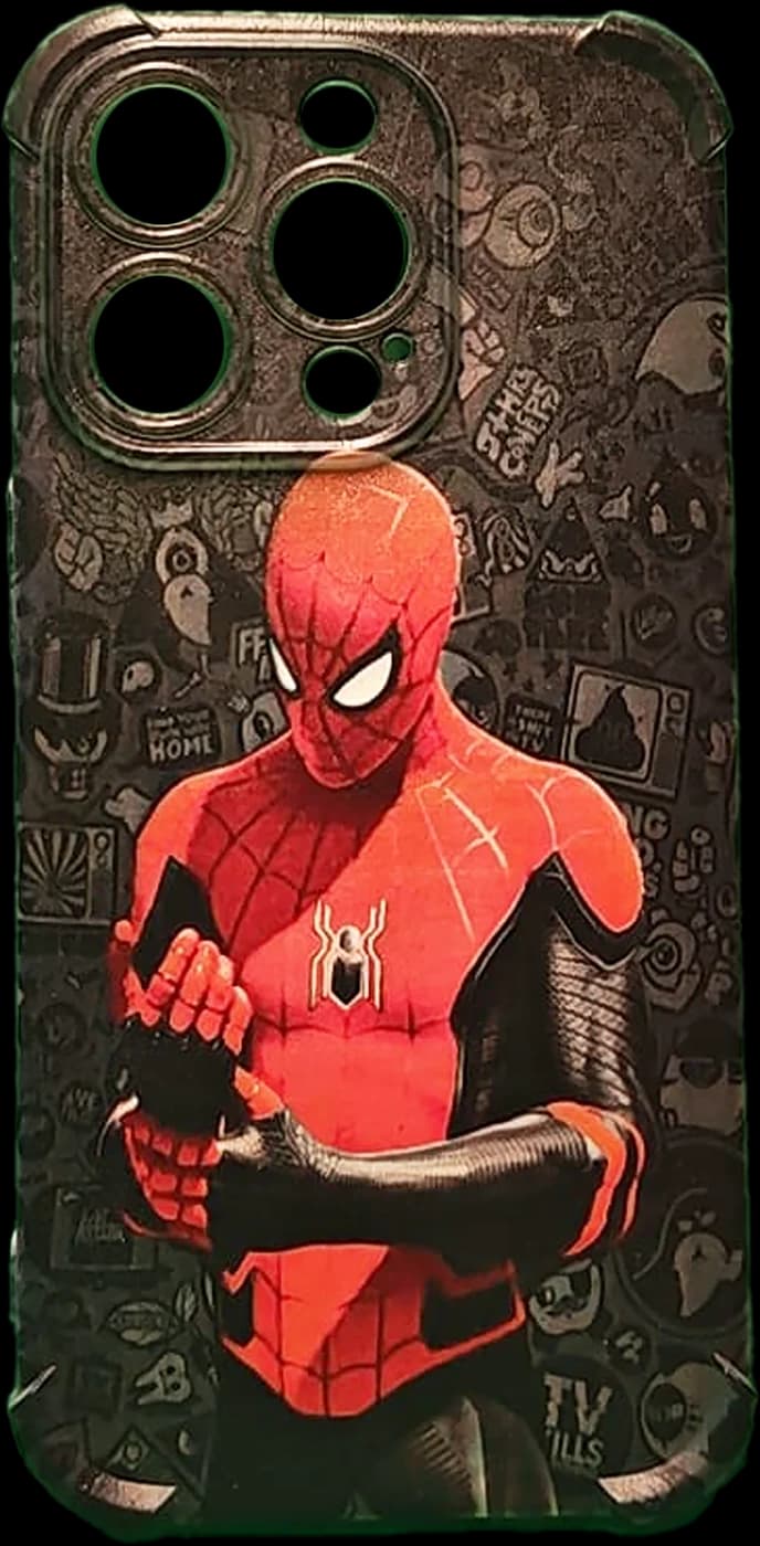 Dark sticker-bomb case with a web-slinger hero
